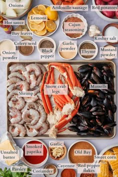 an assortment of seafood and other foods on a tray with the words, how to cook shrimp