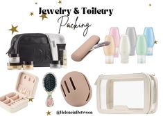 jewelry and toiletries are shown with the words,'jewelry & toiletry packing '