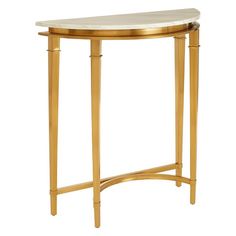 a gold and white marble top console table