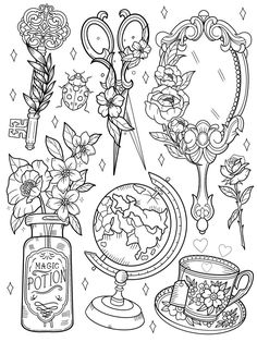 a coloring page with flowers, scissors and other things to draw on the table top