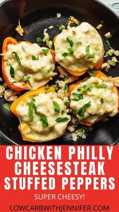 chicken phily cheesesteak stuffed peppers in a skillet with text overlay