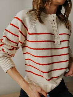 The Utah Co.'s Summer Nights Striped Sweater will be a wardrobe staple for like, FOREVER!  100% Fair-Trade Cotton means it's cozy, durable, breathable, versatile and will never go out of style (double points for sustainability)!  We plan on wearing this on cool summer nights, or walking down Park City main street tucked into some high-waisted jeans and even on the lake. It's oh-so-cute and will be a wardrobe staple for generations with fresh nautical style!  Crafted with care from our friends in Peru, from cotton grown in Peru. Premium cotton fibers, this sweater offers unmatched softness and breathability, making it perfect for all-day wear. Whether you're lounging at home or out and about, you'll love the cozy feel and effortless style of this versatile wardrobe staple. Loose Jumper, Puff Sleeve Sweater, Women Sleeve, Vintage Button, Red Sweaters, Striped Long Sleeve, Sleeve Sweater, Capsule Wardrobe, Long Sleeve Sweater