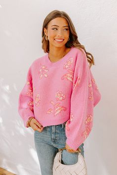 - Cozier than ever and as chic as can be, this cozy piece is perfect for a stylish look! Simply pair it with your favorite jeans or a flirty mini skirt and boots, and you'll be ready to turn heads. - Unlined knit wool-blend material with an abstract floral pattern featuring cream, peach and pink hues - A crew cut neckline - Long sleeves with drop shoulders - A relaxed silhouette that ends in a straight hip length hemline with a ribbed texture Mushroom Stone, Mini Skirt And Boots, Style Roots, Skirt And Boots, Crew Cut, Chic Sweaters, Ribbed Texture, Comfy Hoodies, Tailored Pants