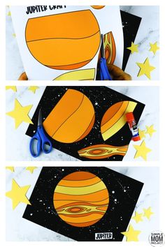 an orange and yellow paper cut out to look like the planets in space with scissors