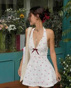 Vestidos Vintage, Cherry Print, Halter Mini Dress, European Summer, Looks Chic, Mini Dresses Summer, Girly Outfits, Bella Hadid, Looks Vintage