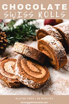 chocolate swiss rolls with powdered sugar on top