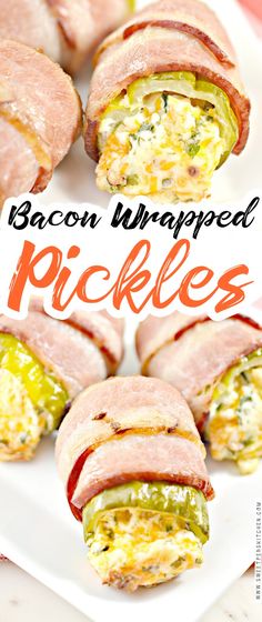 bacon wrapped pickles on a white plate with the title in orange text above it