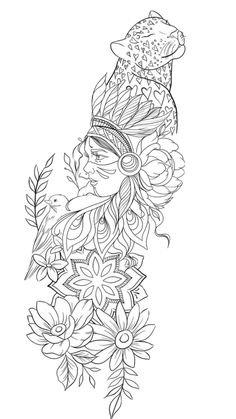 a black and white line drawing of a woman with flowers on her head in the background