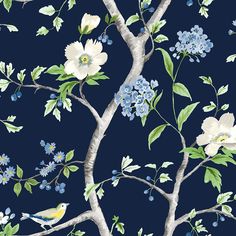 Floral Trail Navy Blue and Spring Green Blue And Green Floral Wallpaper, Navy Blue Floral Wallpaper, Watercolor Branches, Solid Backdrop, Formal Room, Magnolia Wallpaper, Lillian August, Watercolor Elements, Drops Patterns