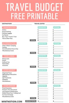 a travel budget sheet with the text free printable