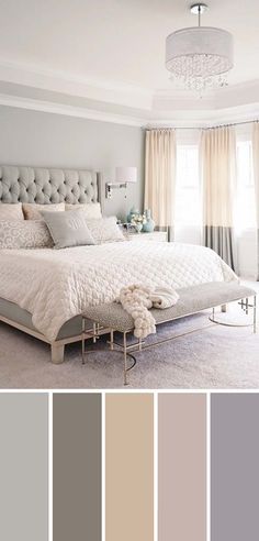 the bedroom is painted in shades of gray and beige