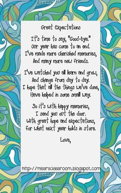 a poem written in blue, green and yellow with swirls on the background that says great expectations it's time to say goodbye