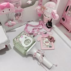 a bathroom with hello kitty accessories on the counter