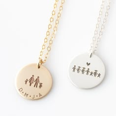 "Personalized Family Jewelry, Stick Figure Family Necklace, Custom Necklace, Mother's Day Gift, Grandma, Mom, Family Necklace Gift for Her Personalize this beautiful disc with your very own family! Offered in quality 14k gold fill, sterling silver, and rose gold fill, a beautiful piece your wife, mom, grandma, best friend, any special woman in your life will enjoy and wear close to their heart. HOW - TO - ORDER 1. Select your options from the drop down menu see photo for font styles and symbol o Stick Family, Stick Figure Family, Family Jewelry, Family Necklace, Jewelry Appraisal, Family Jewellery, Stick Figure, Baby Jewelry, Mom Jewelry