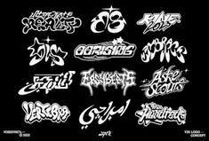 various types of graffiti written in white ink on a black background, including the words and numbers