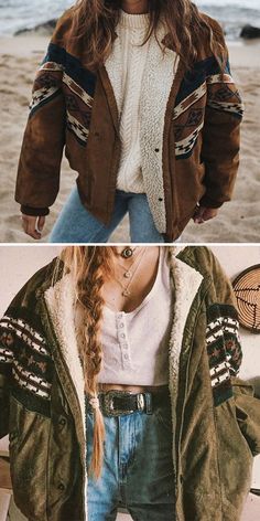 two pictures of a woman wearing a jacket and jeans