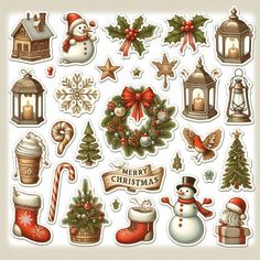 an assortment of christmas stickers on a white background with snowmen, trees and decorations