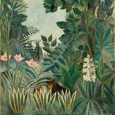 an image of a jungle scene with flowers and plants in the foreground, including large leaves