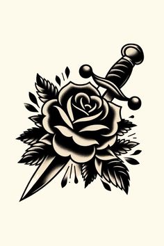 a rose and dagger tattoo design on a white background