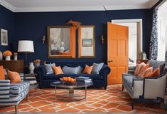 a living room with orange and blue decor