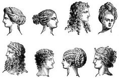 an old fashion hairstyle for women with curly hair and braids, vintage line drawing or engraving illustration