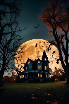 a full moon is in the sky over a house