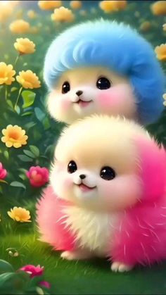 two small dogs with blue and pink hair are standing in the grass next to flowers