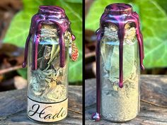 two pictures of a jar with some kind of stuff in it and one has purple liquid pouring out of the top