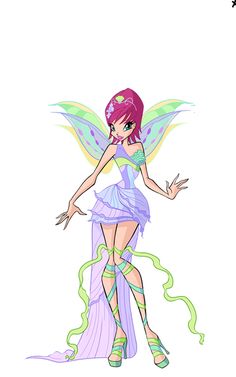 a drawing of a fairy with purple hair and green wings, standing in front of a white background