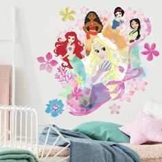 the disney princess wall decals are on display in a child's bedroom