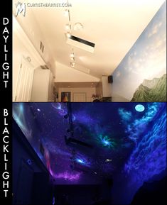 the ceiling is decorated with stars and galaxy paint on it, while the walls are painted in different colors