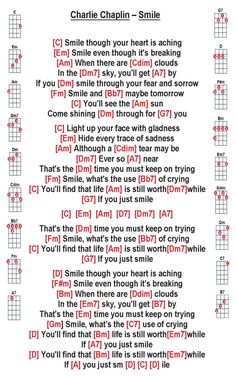 the guitar chords for charlie chapin's smile, which is written in red and black