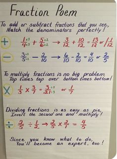 a white paper with writing on it that says fraction poem to add or subtract fractions that you see match the denomints perfectly