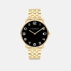 With clean lines and a modern minimalist sensibility the Elliot is a true design classic ready for workdays and weekends. This gold tone round watch features a dial detailed with our Signature marker at 3 o’clock. | Coach Elliot Watch, 41 Mm - Gold Classic Everyday Round Watch Accessories, Classic Round Everyday Watch Accessories, Timeless Everyday Watch With Round Dial, Timeless Everyday Analog Watches, Gold Minimalist Watch For Everyday Use, Gold Minimalist Watch For Everyday, Everyday Gold Minimalist Watch, Gold Minimalist Everyday Watch, Minimalist Gold Watches Suitable For Work