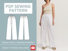 a woman in white pants and one shoulder top with the text, pdf sewing pattern arian pants / beginner friendly video