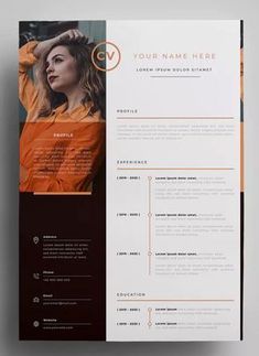 a clean and modern resume template with an orange accent on the front, black accents on the back