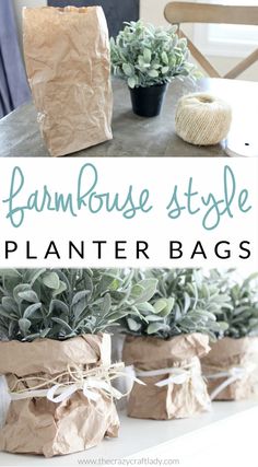 paper bag planters on a table with text overlay that reads farmhouse style planter bags