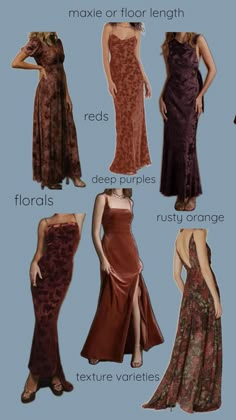 the different types of dresses are shown in this image, and there is also an info sheet