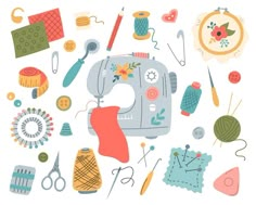 a sewing machine surrounded by various items such as yarn, scissors, and other things