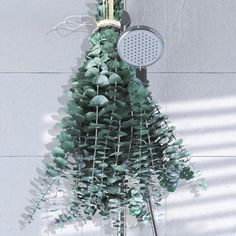 a green christmas tree hanging from the side of a wall next to a shower head