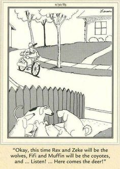 an old comic strip with two dogs and a man on a bike