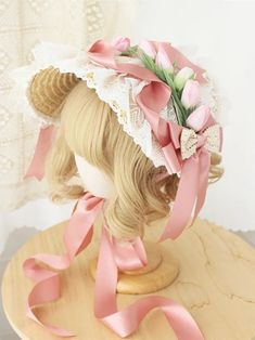 Tulip Design Bow Lace Trim Bonnet for Kids Cute Handmade Pink Bonnet, Handmade Cute Pink Bonnet, Cute Costume Hats And Headpieces, Cute Pink Bonnet For Spring, Pink Bonnet For Spring, Pink Spring Bonnet Cap, Spring Adjustable Bonnet, Cute Spring Hats, Victorian Bonnet