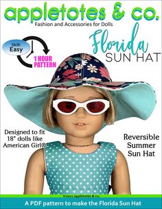 a doll wearing sunglasses and a hat with the words, appletes & co florida sunhat