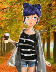 a girl with blue hair is holding a coffee cup in her hand and wearing shorts