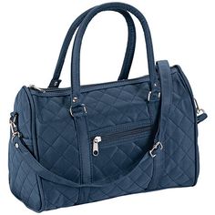 Lightweight and stylish, this quilted barrel bag has room for everything. It's the perfect durable, casual handbag for day trips, errands, golf and everyday use. Wear this quilted handbag as a crossbody or carry it by its handles. Silvertone hardware. Zip closure, 1 zip pocket and 2 side pockets. Detachable quilted purse shoulder strap adjusts from 12"-24" long. 100% microfiber polyester. Measures 12" wide x 9" high x 5" deep. Easy to wipe clean. Quilted Handbag, Quilted Purse, Barrel Bag, Quilted Purses, Quilted Handbags, Personalized Clothes, Tote Bag Purse, Quilted Bag, Handbag Accessories