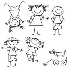 black and white drawing of children playing with toys