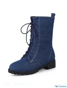 OrcaJump - Womens Lace-up Flat Heel Round Toe Punk Denim Ankle Boots - Dark Blue, Black, and Blue - Fall Boots For Women Winter, Women Blue Jeans, Ladies Motorcycle, Heavy Duty Boots, Heels Patterns, Women's Motorcycle Boots, Jeans Boots, Warm Shoes, Snow Boots Women