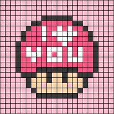 an image of a mushroom pixellated on pink and black squares with white dots in the middle