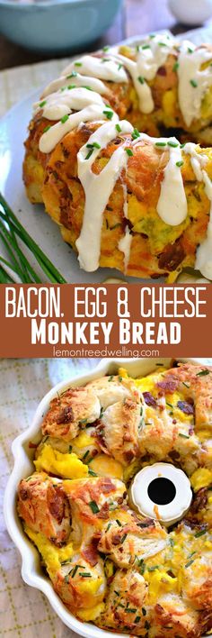 bacon, egg and cheese monkey bread is on a plate