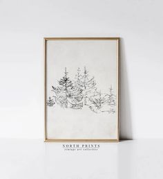 a black and white drawing of pine trees